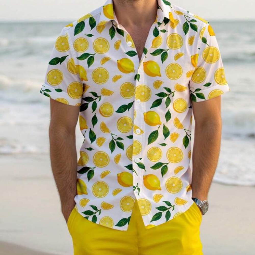 Manfinity KASUA Men's Casual Lemon Print Short Sleeve Shirt And Shorts Set